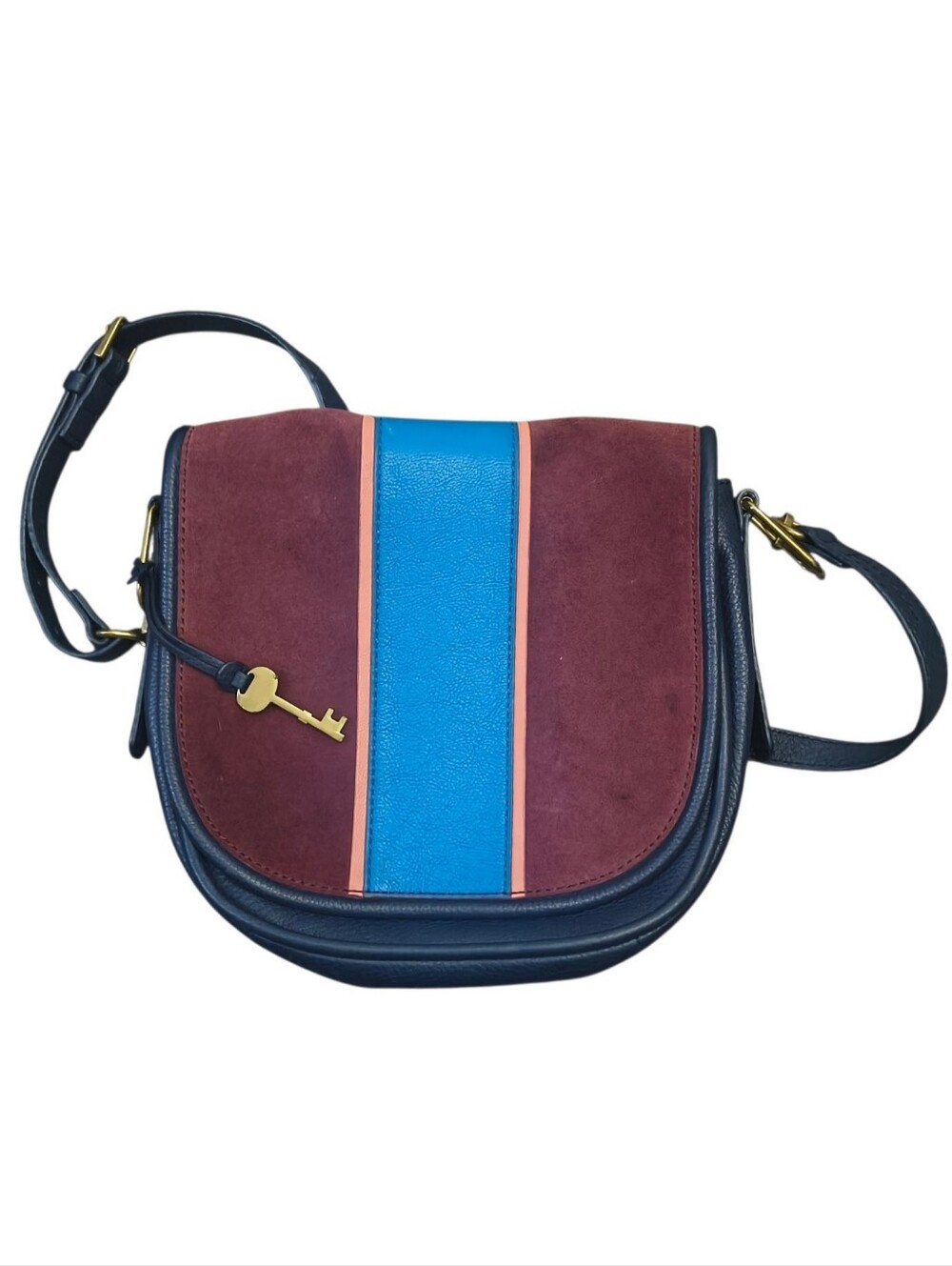 Fossil Leather Suede Crossbody Bag Colorblock Saddle Purse Key Charm